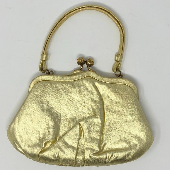 Vintage Handbags - vtg 50s 60s Mod Glam Gold Lame Evening Bag Purse Handbag Rhinestone Kiss Lock